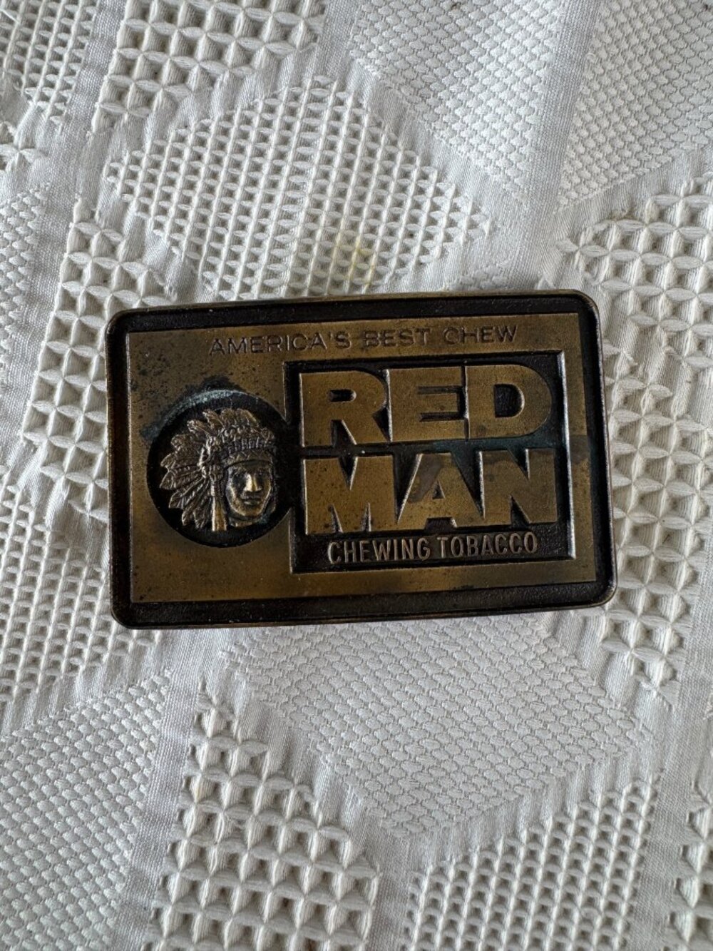 Red Man Chewing Tobacco Belt Buckle Vintage Brass Rectangular Americas Best Chew